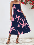 Momentlover Floral Printed Contrast Color Sleeveless Loose Spaghetti-Neck Midi Dresses