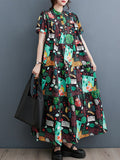 Momentlover Split-Joint Printed Buttoned Short Sleeves Loose Stand Collar Midi Dresses
