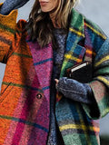 Momentlover Long Sleeves Loose Contrast Color Plaid Split-Joint Lapel Outerwear Windbreakers Woolen Coat