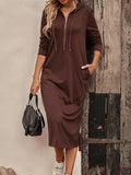 Long Sleeves Loose Drawstring Striped Zipper Hooded Midi Dresses