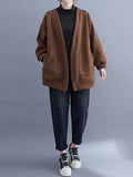 Momentlover Solid Color Pockets Loose Long Sleeves Collarless Outerwear
