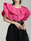 Momentlover Split-Joint Solid Color Pleated Falbala Short Sleeves Loose Round-Neck Blouses