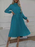 Momentlover Solid Color Pleated No Belt Hollow Elasticity Buttoned Puff Sleeves Loose High Neck Midi Dresses