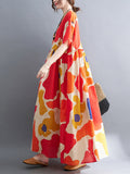 Momentlover Artistic Retro Short Sleeves Loose Contrast Color Printed Round-Neck Midi Dresses