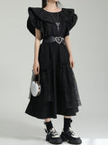 Momentlover Split-Joint Solid Color Pleated Falbala Short Sleeves Loose Round-Neck Blouses