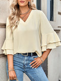 Momentlover Solid Color Ruffle Sleeves Loose V-Neck T-Shirts Tops