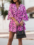 Momentlover Printed Leopard Elasticity Double Layered Three-Quarter Sleeves Loose V-Neck Mini Dresses