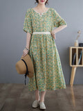 Momentlover Split-Joint Printed Pleated Hollow Short Sleeves Loose Round-Neck Midi Dresses