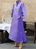 Momentlover Split-Side Solid Color Pockets Pleated Buttoned Puff Sleeves Loose Stand Collar Midi Dresses
