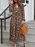 Momentlover Split-Side Leopard Elasticity Drawstring Puff Sleeves Loose V-Neck Midi Dresses