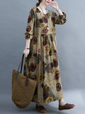 Momentlover Artistic Retro Loose Long Sleeves Printed Round-Neck Maxi Dresses