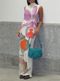 Momentlover Split-Back Flower Print Sleeveless High Waisted Mock Neck Maxi Dresses