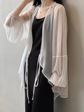 Momentlover Bishop Sleeve Long Sleeves See-Through Split-Joint Tied Collarless Blouses&Shirts Tops