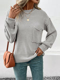Momentlover Split-Joint Solid Color Pockets Loose Long Sleeves Round-Neck Sweater Tops Pullovers