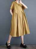 Momentlover Split-Joint Solid Color Pockets Pleated Asymmetric Loose A-line Round-neck Midi Dresses