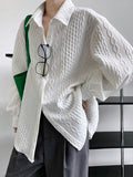 Momentlover Simple Loose Long Sleeves Buttoned Solid Color Textured Lapel Collar Blouses&Shirts Tops