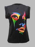 momentlover Original Casual High-Neck Cap Sleeves Face Printed T-Shirt Top