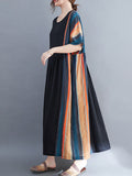 Momentlover Loose Contrast Color Striped Pleated Midi Dress