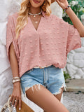Momentlover Solid Color Jacquard Loose Half Sleeves V-Neck T-Shirts Tops
