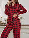 Plaid Split-Joint Lapel Long Sleeves Top + Drawstring Pants Trousers Two Pieces Set