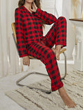 Plaid Split-Joint Lapel Long Sleeves Top + Drawstring Pants Trousers Two Pieces Set