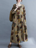 Momentlover Artistic Retro Loose Long Sleeves Printed Round-Neck Maxi Dresses