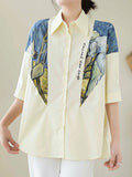 Momentlover Printed Loose Half Sleeves Lapel Blouses&shirts Tops