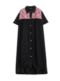 Momentlover Split-Joint Printed Falbala Short Sleeves Loose Lapel Midi Dresses