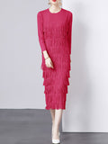 Momentlover Tasseled Split-Joint Solid Color Pleated Loose Long Sleeves Round-Neck Midi Dresses
