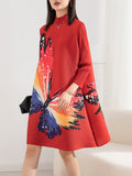 Momentlover Casual Long Sleeves Loose Contrast Color Printed Pleated Beaded Stand Collar Mini Dresses