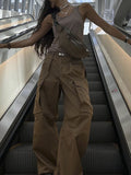 Momentlover Split-Joint Solid Color Pockets Buttoned Wide Leg Loose Trousers Pants