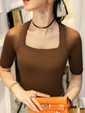 Momentlover Simple Solid Color Square-Neck Half Sleeves Shirt