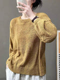 Momentlover Solid Color See-Through Loose Long Sleeves Round-Neck Sweater Tops