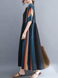 Momentlover Loose Contrast Color Striped Pleated Midi Dress