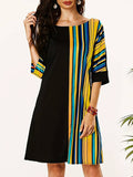 Momentlover Striped Contrast Color Asymmetric Plus Size Loose Round-neck Mini Dresses