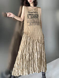 Momentlover Pleated Letter Print Asymmetric Sleeveless Loose Round-Neck Vest Top