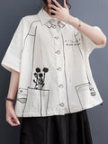 Momentlover Split-Joint Printed Contrast Color Short Sleeves Loose Lapel Blouses