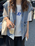 Momentlover Simple Split-Joint Solid Color Denim Vest Outerwear