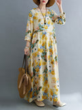 Momentlover Split-Joint Flower Print Loose Long Sleeves Round-Neck Midi Dresses