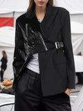 Momentlover Zipper Split-Joint Solid Color Asymmetric Loose Long Sleeves Notched Collar Outerwear Blazer