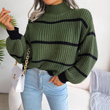 Momentlover Striped Mock Neck Dropped Shoulder Sweater