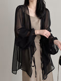 Momentlover Bishop Sleeve Long Sleeves See-Through Split-Joint Tied Collarless Blouses&Shirts Tops
