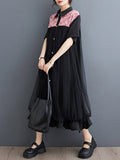 Momentlover Split-Joint Printed Falbala Short Sleeves Loose Lapel Midi Dresses