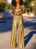 Momentlover High Waisted Three-Quarter Sleeves Shiny Solid Color Deep V-Neck Jumpsuits Bottoms