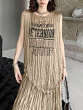Momentlover Pleated Letter Print Asymmetric Sleeveless Loose Round-Neck Vest Top