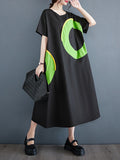 Momentlover Printed Pockets Contrast Color Short Sleeves Loose Round-Neck Midi Dresses