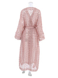 Momentlover Tied Waist Split-Side Solid Color See-Through Mesh Jacquard Loose Long Sleeves V-Neck Maxi Dresses