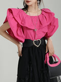 Momentlover Split-Joint Solid Color Pleated Falbala Short Sleeves Loose Round-Neck Blouses