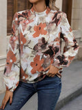 Momentlover Pleated Flower Print Elasticity Puff Sleeves Loose Mock Neck Blouses&Shirts Tops