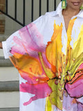 Momentlover Half Sleeves Loose Buttoned Contrast Color Flower Print Lapel Midi Dresses Shirt Dress